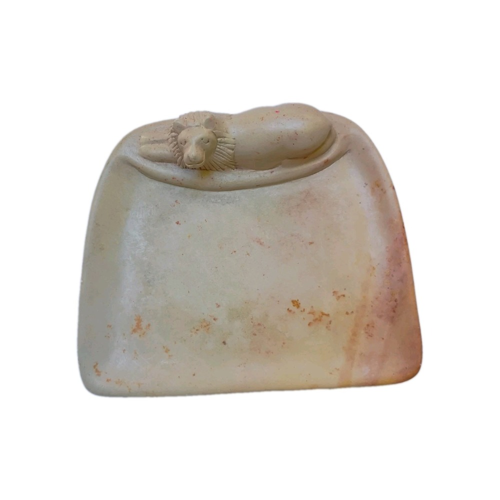 Hand Carved Soapstone Lion Soap Dish Jewelry Trinket Tray Natural Stone